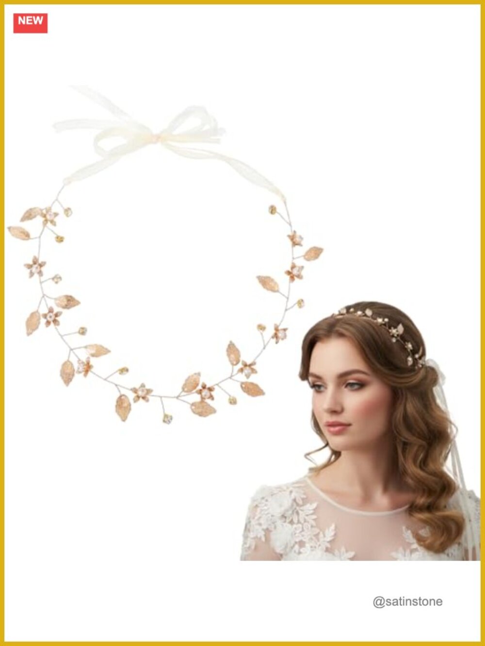 Gold Leaf Pearl Bridal Headband Boho Hair Vine Adjustable Headpiece